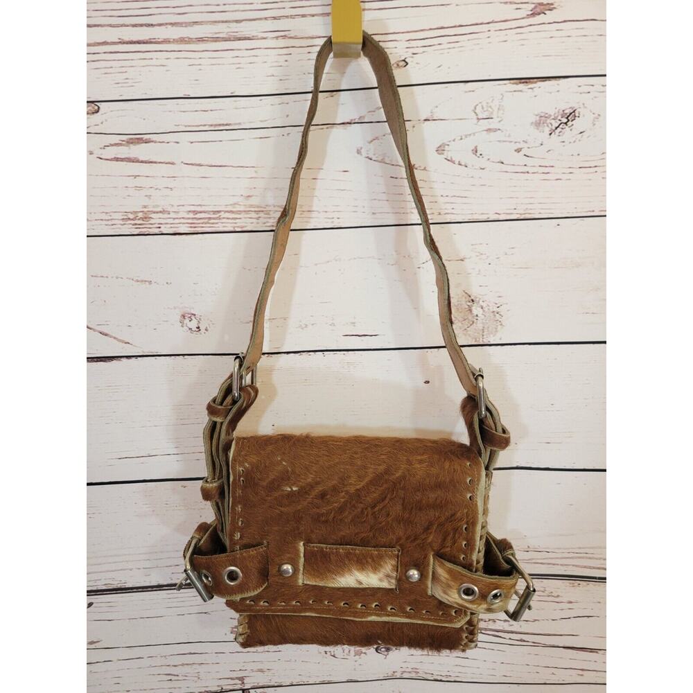 Crossbody Shoulder Bag Cowhide Fur Handmade western Brown‎ Leather Buckle Strap